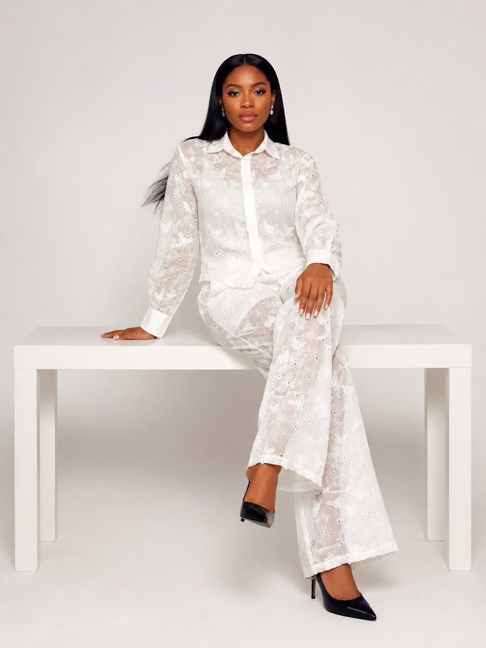 Sheer Lace Wide-Leg Pant Set in White